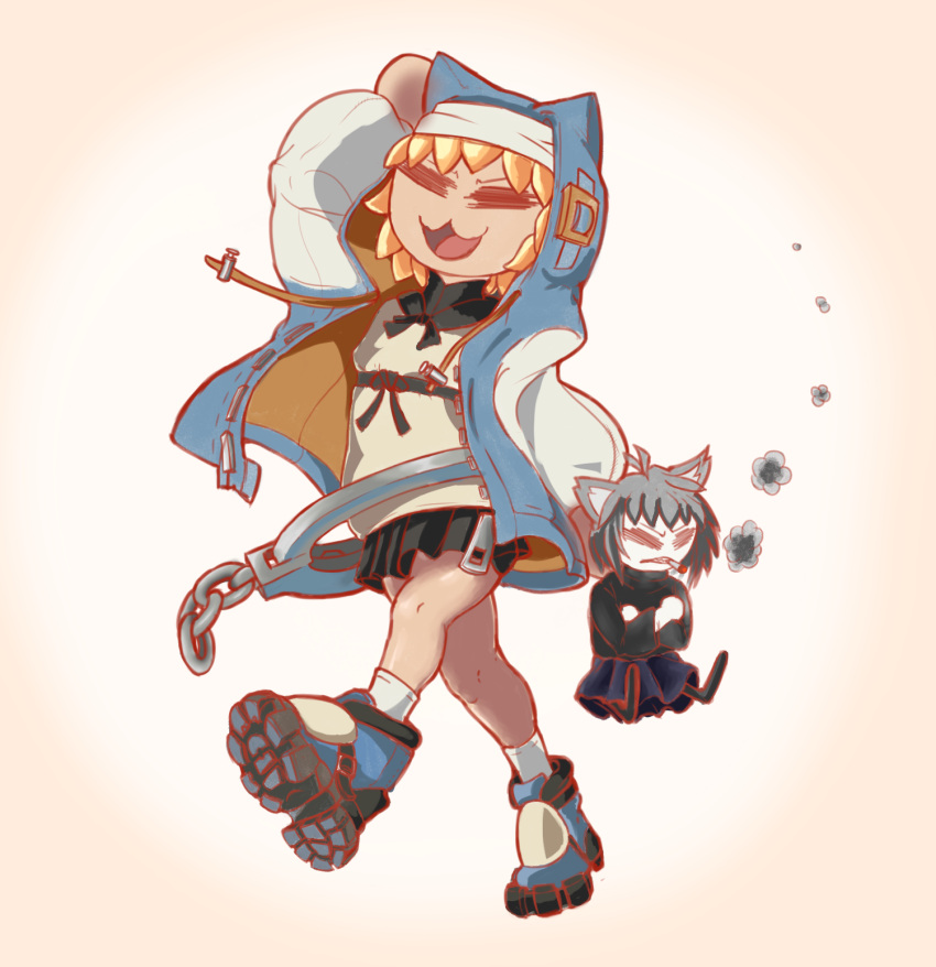1girl, 1other, :3, =_=, animal_hood, ankle_boots, black_skirt, blonde_hair