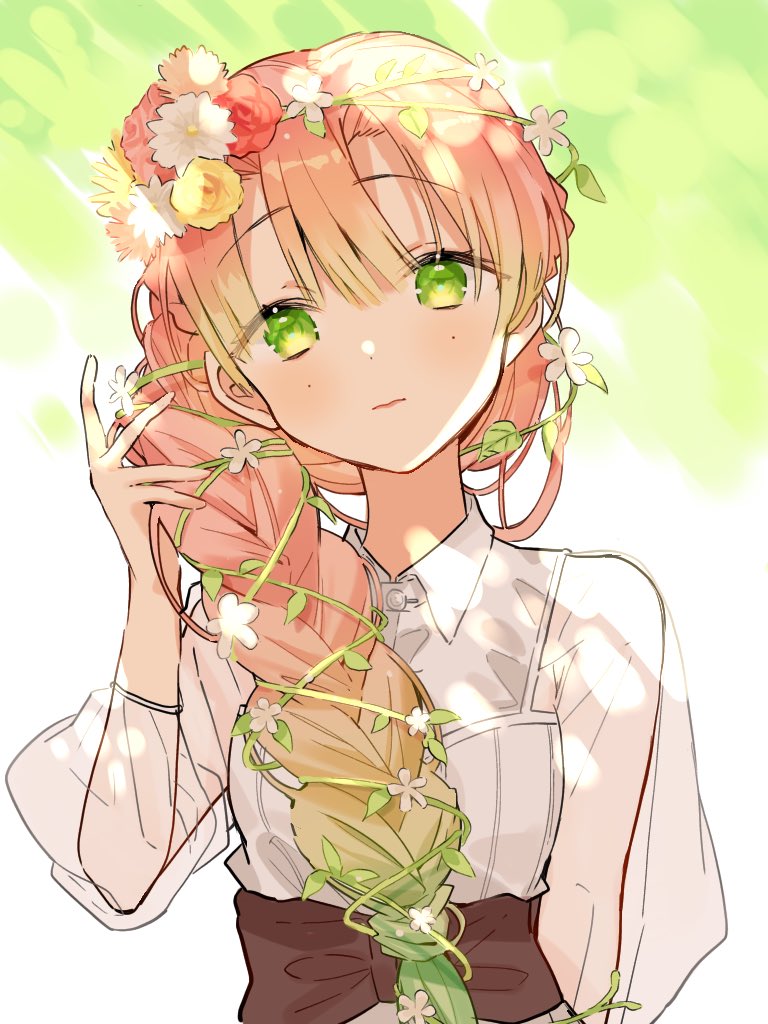 1girl, alternate_costume, alternate_hairstyle, arm_up, ban_(one_ban7241), bangs, blunt_bangs, blush