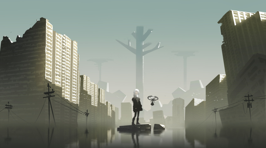 1girl, absurdres, aircraft, airplane, bangs, boots, city, drone