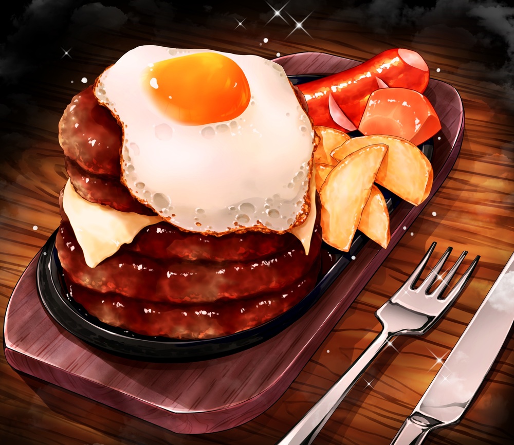 burger, cheese, chips, close-up, egg_(food), food, food_focus, fork