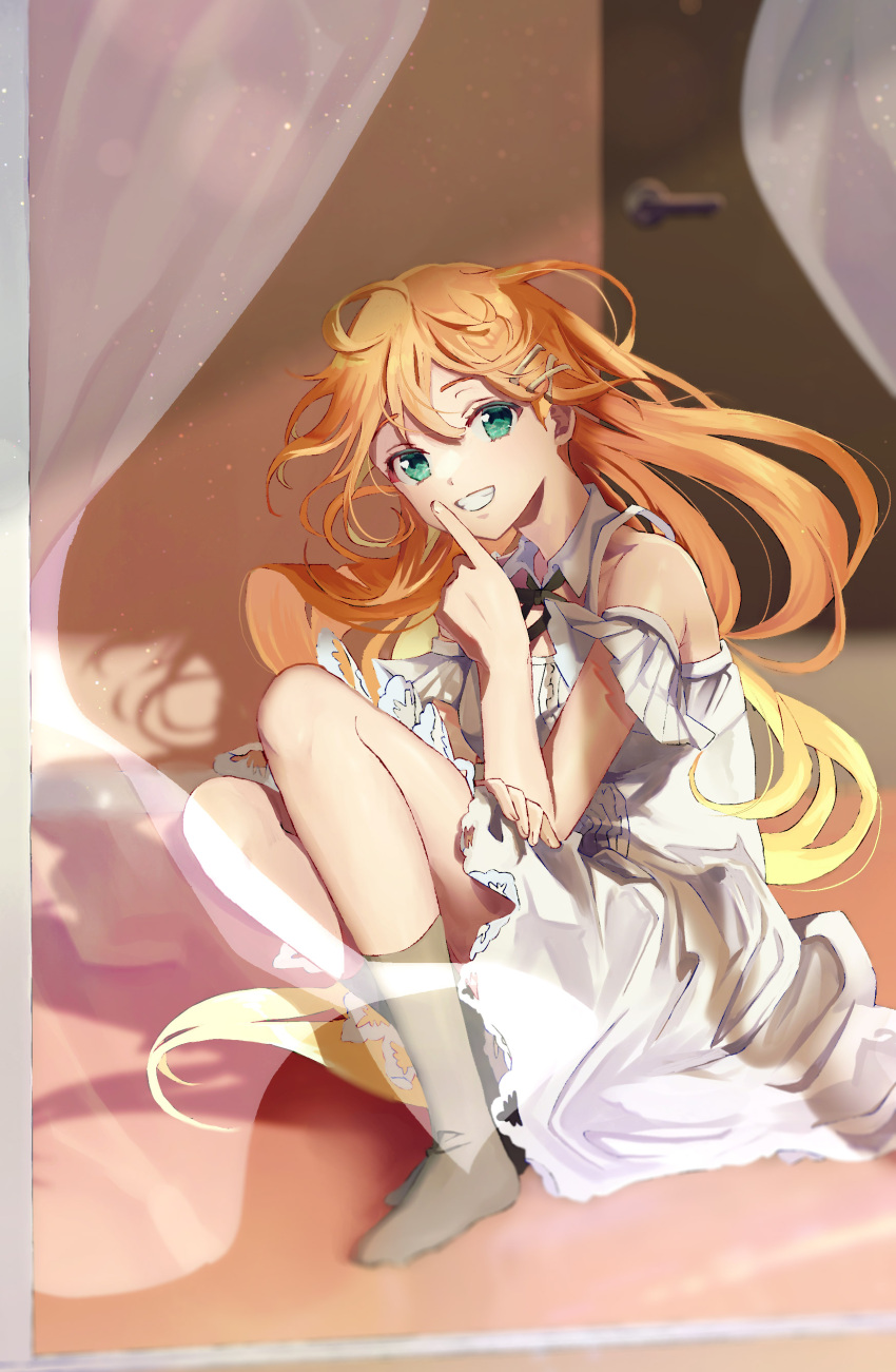 1girl, absurdres, bare_shoulders, black_ribbon, breasts, curtains, detached_collar, detached_sleeves