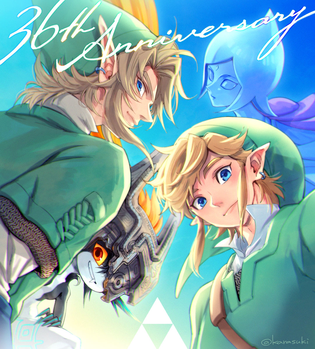 2boys, 2girls, armor, bangs, blonde_hair, blue_background, blue_eyes, blue_hair