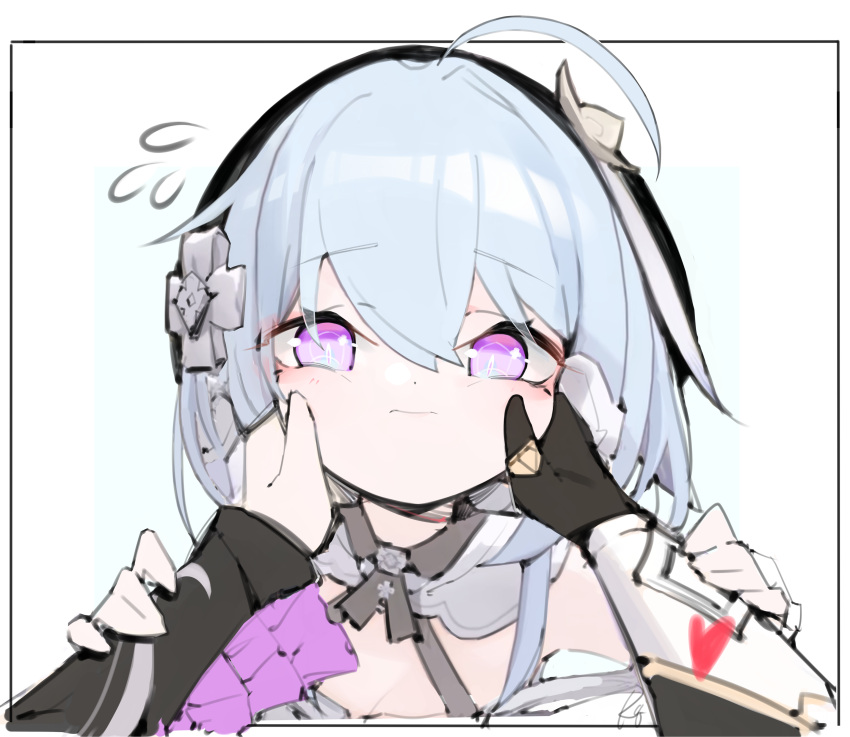 2girls, absurdres, ahoge, black_gloves, black_headwear, blue_hair, cheek_pinching, closed_mouth, elysia_(honkai_impact), elysia_(miss_pink_elf), error, error1980, female_pov, gloves, griseo, hair_between_eyes, hair_ornament, hat, highres, honkai_(series), honkai_impact_3rd, long_hair, long_sleeves, looking_at_viewer, multiple_girls, pinching, pov, pov_hands, single_glove, solo_focus, violet_eyes, white_background