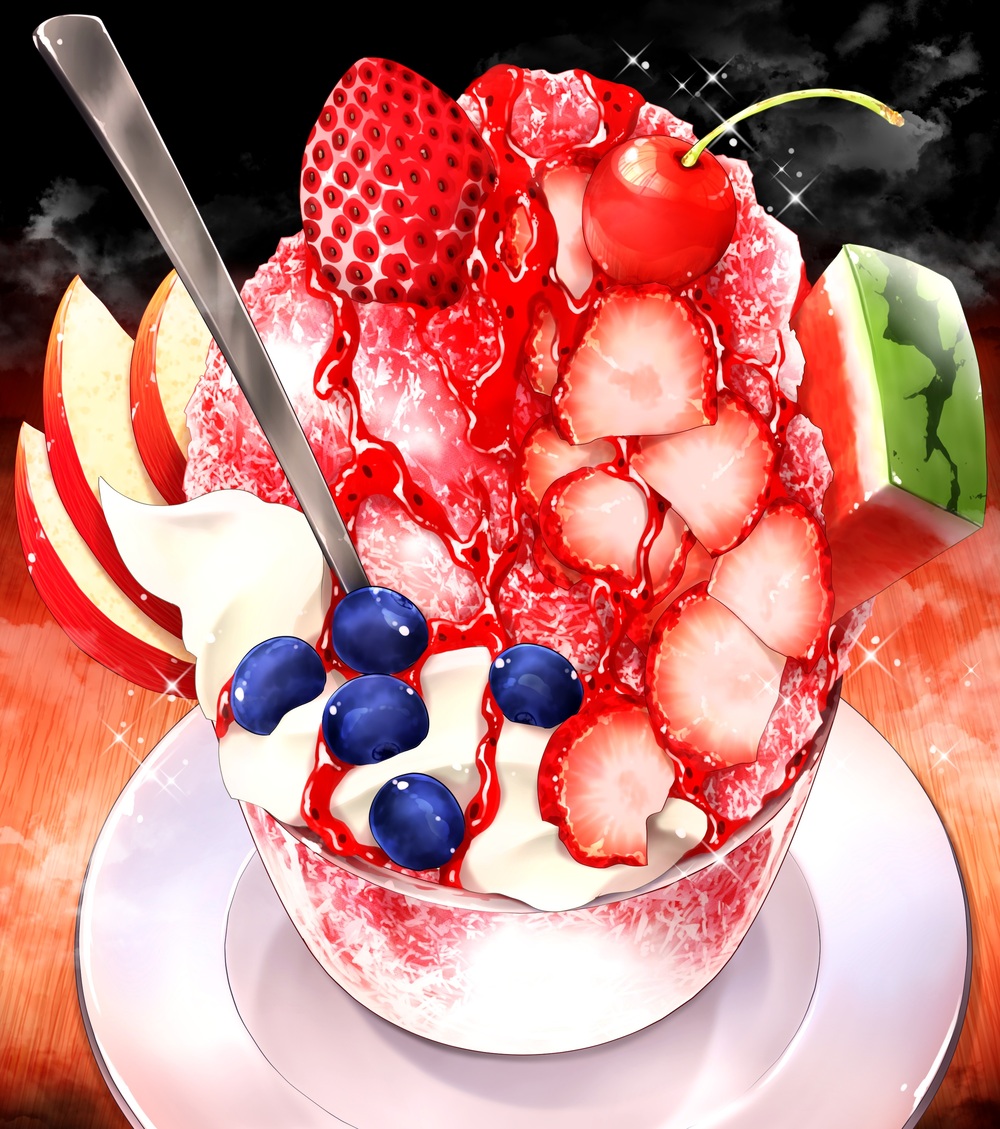 apple_slice, blueberry, bowl, cherry, commentary_request, food, food_focus, fruit