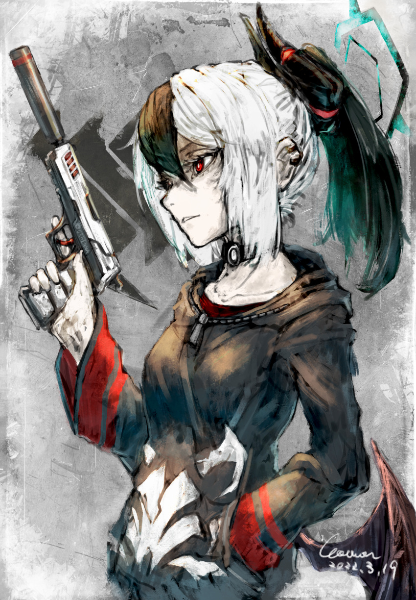 1girl, absurdres, black_choker, black_hair, black_horns, blue_archive, bright_pupils, choker, dated, demon_wings, earrings, green_hair, gun, hair_between_eyes, halo, hand_in_pocket, handgun, highres, holding, holding_gun, holding_weapon, hood, hood_down, hoodie, horns, jewelry, kayoko_(blue_archive), long_hair, low_wings, multicolored_hair, parted_lips, ponytail, red_eyes, signature, solo, suppressor, wawon_(wan_wawon), weapon, white_hair, white_pupils, wings, zipper, zipper_pull_tab