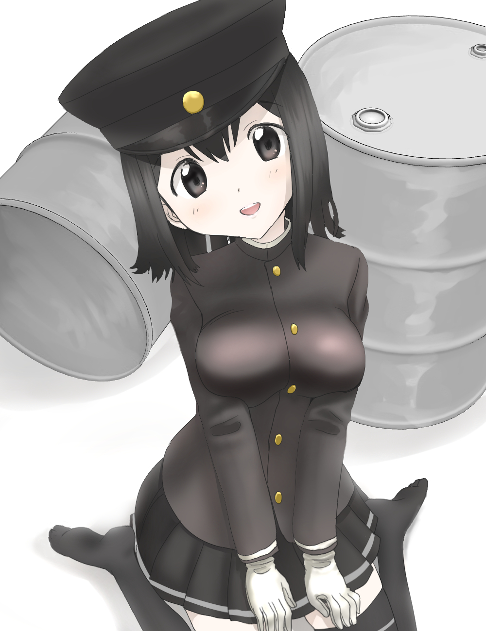 1girl, akitsu_maru_(kancolle), akitsu_maru_kai_(kancolle), black_eyes, black_hair, black_jacket, black_skirt, black_thighhighs