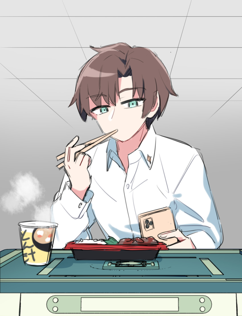 1boy, blue_eyes, brown_hair, chopsticks, cooking, eating, highres, holding, holding_phone, jiitarou, long_sleeves, mahjong_soul, male_focus, phone, shinomiya_natsuki_(mahjong_soul), shirt, short_hair, sketch, solo, white_shirt