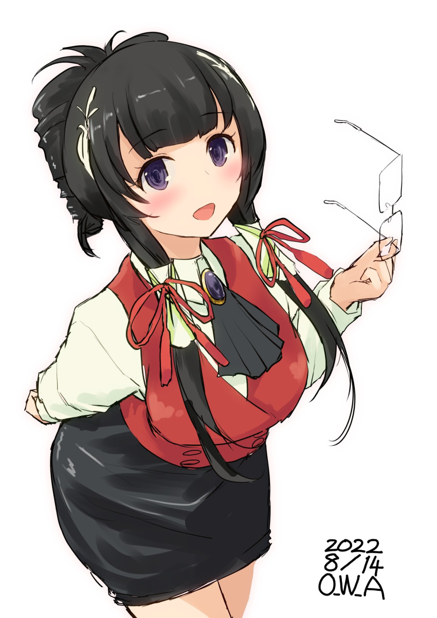 1girl, alternate_hairstyle, artist_name, black_eyes, black_hair, breasts, commentary_request, cosplay, dated, drill_hair, eyewear_removed, folded_ponytail, highres, kantai_collection, kazami_mizuho, kazami_mizuho_(cosplay), large_breasts, long_hair, mizuho_(kancolle), namesake, one-hour_drawing_challenge, onegai_teacher, owa_(ishtail), pencil_skirt, red_skirt, red_vest, simple_background, skirt, solo, very_long_hair, vest, white_background