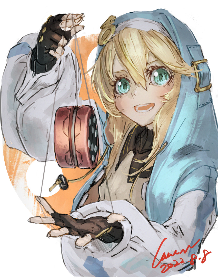 1girl, absurdres, androgyne_symbol, aqua_eyes, black_gloves, blonde_hair, blue_hoodie, bridget_(guilty_gear)