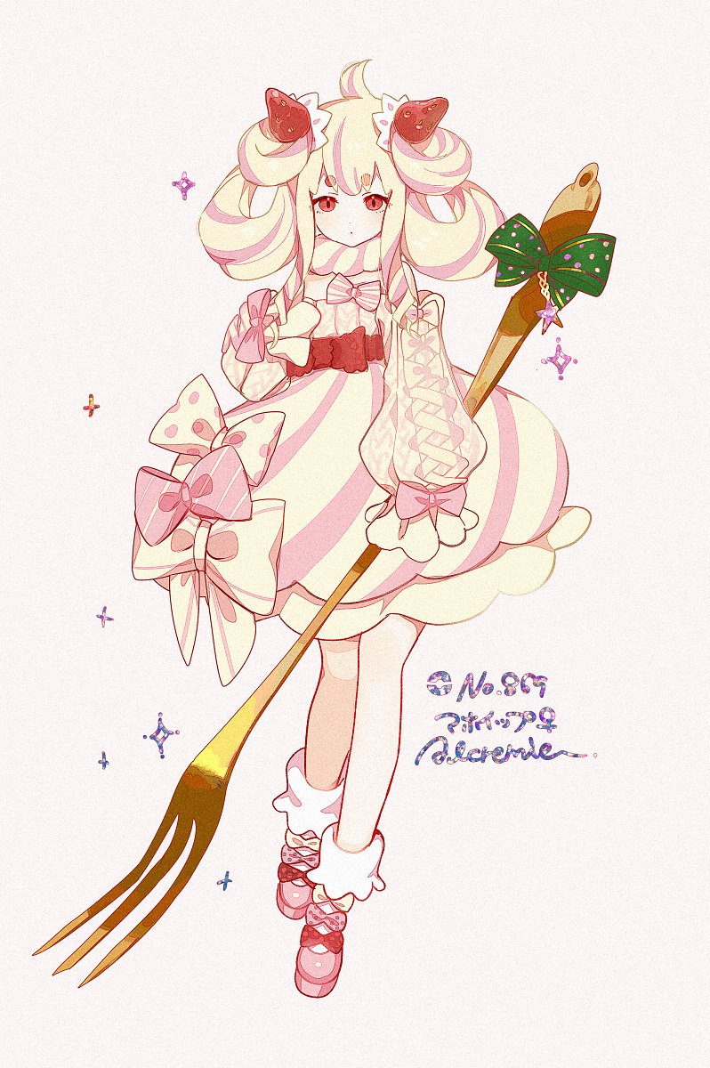 1girl, :o, ahoge, alcremie, alcremie_(strawberry_sweet), blonde_hair, boots, bow