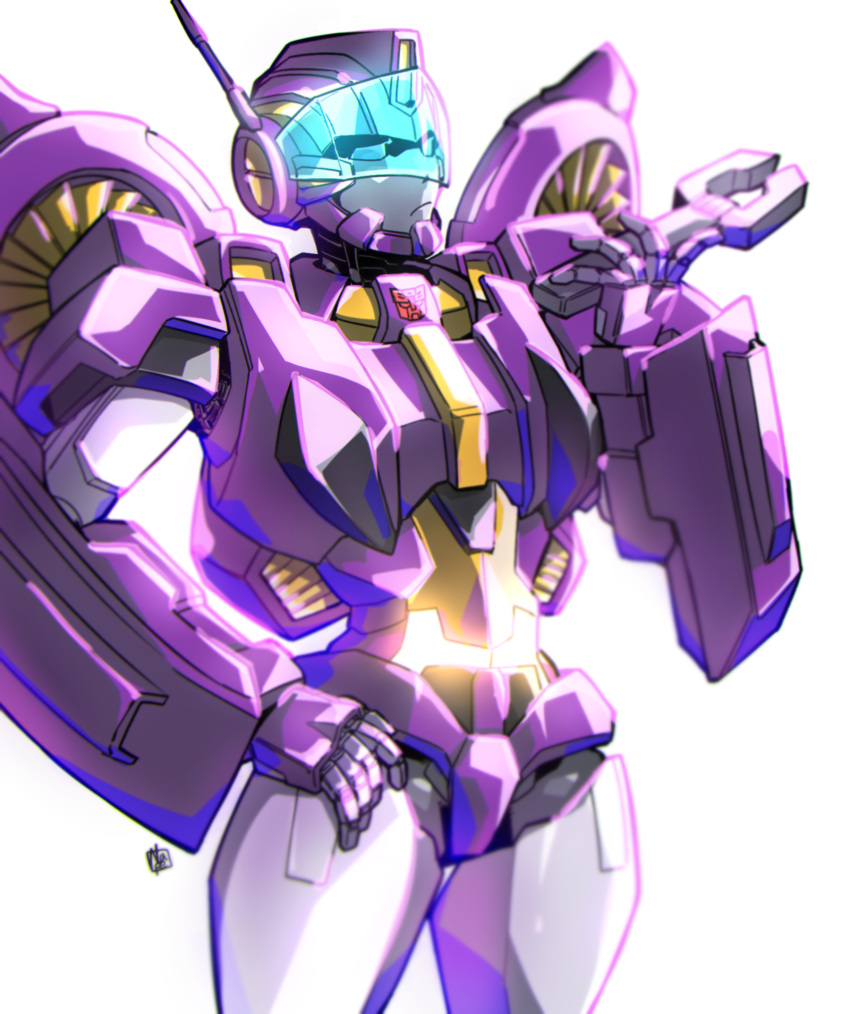 autobot, blue_eyes, frown, hand_on_hip, highres, holding, holding_wrench, looking_to_the_side