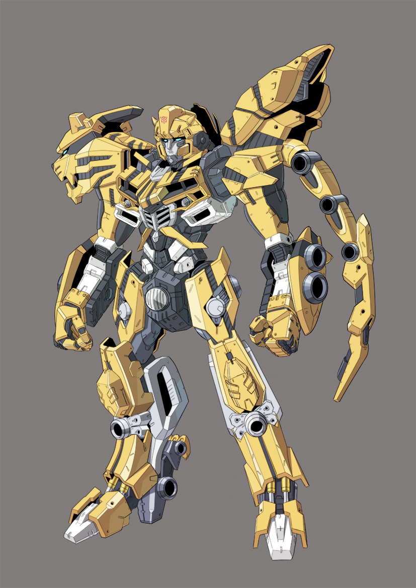 autobot, blue_eyes, bumblebee_(transformers), clenched_hands, grey_background, horns, kuramochi_kyouryuu, looking_ahead