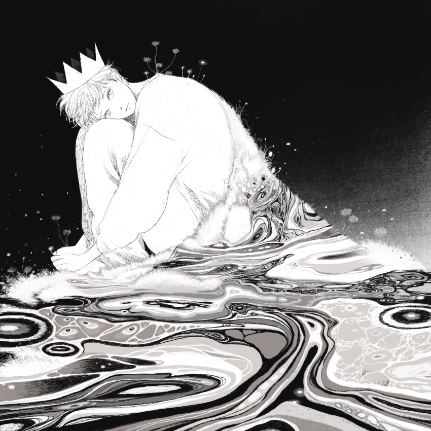 1boy, bangs, blanket, closed_mouth, crown, dutch_angle, from_side, glowing