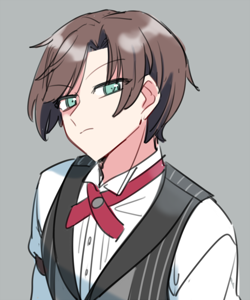 1boy, blue_eyes, bow, bowtie, brown_hair, closed_mouth, formal, frown