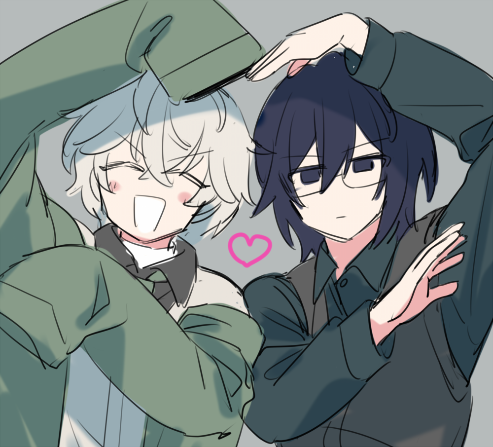 2boys, :d, black_eyes, black_hair, blonde_hair, blush, closed_mouth, glasses