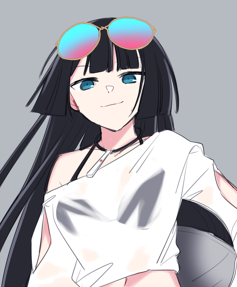 1girl, bangs, black_hair, blue_eyes, blunt_bangs, closed_mouth, crop_top, eyewear_on_head