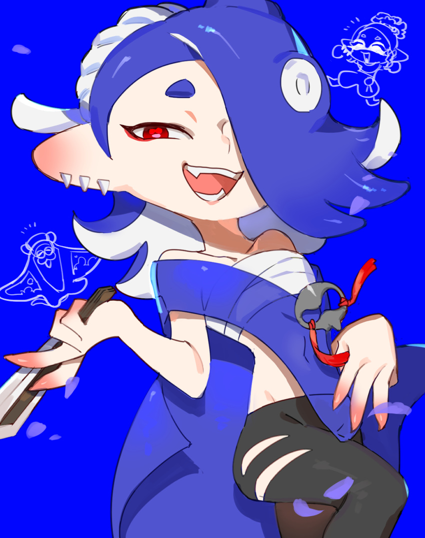 1boy, 2girls, :d, aooni, bare_shoulders, big_man_(splatoon), black_pants, blue_background