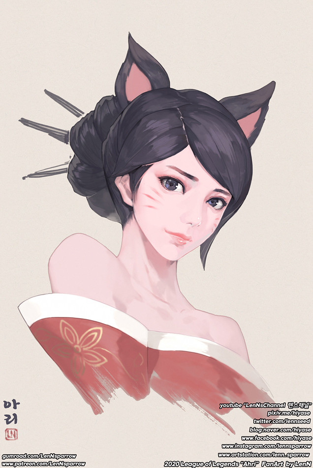 1girl, ahri_(league_of_legends), animal_ears, artist_name, bangs, black_eyes, black_hair, brown_background