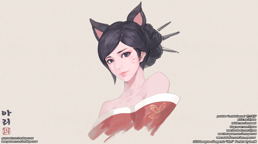 1girl, ahri_(league_of_legends), animal_ears, artist_name, bangs, black_eyes, black_hair, brown_background