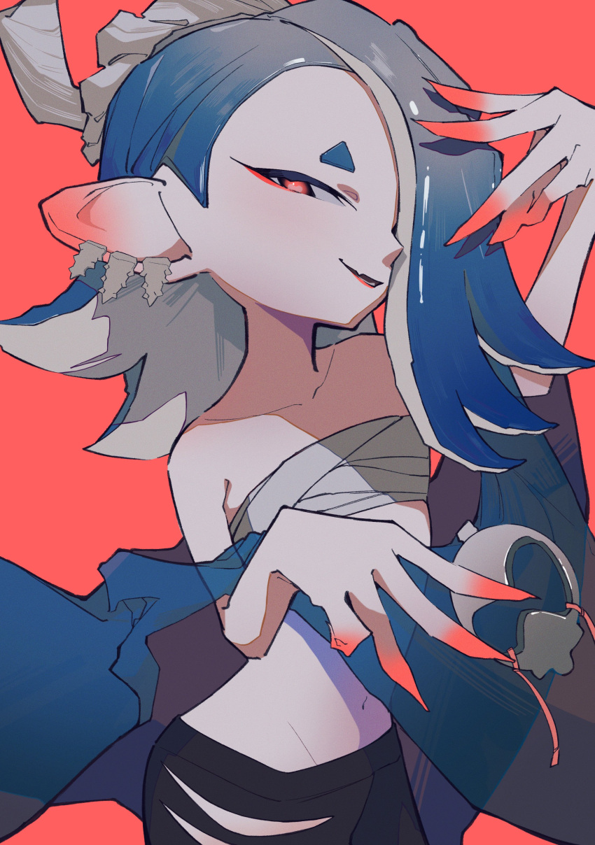 1girl, absurdres, bare_shoulders, black_pants, blue_hair, cephalopod_eyes, chest_sarashi, collarbone