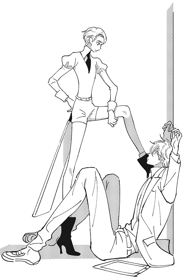 1boy, 1other, aechmea_(houseki_no_kuni), ankle_boots, arms_up, belt, boots, cairngorm_(houseki_no_kuni)