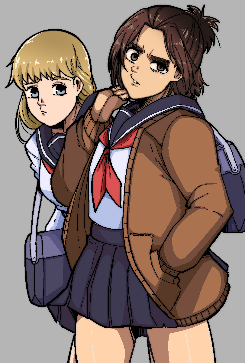 2girls, bag, blonde_hair, brown_eyes, brown_hair, brown_jacket, character_request, check_character, closed_eyes, gabi_braun, grey_background, grey_eyes, half-closed_eye, hand_in_pocket, handbag, highres, jacket, kaya_(shingeki_no_kyojin), looking_at_viewer, mark_gavatino, multiple_girls, pleated_skirt, sailor_collar, school_uniform, serafuku, shingeki_no_kyojin, simple_background, skirt