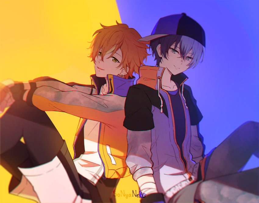 2boys, aoyagi_touya, artist_name, bandages, bangs, baseball_cap, black_hair, black_headwear