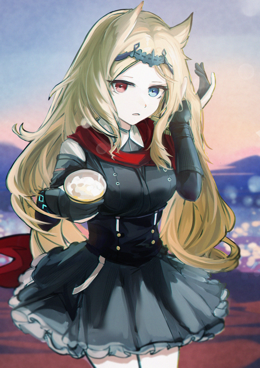 1girl, absurdres, animal_ears, archetto_(arknights), arknights, black_dress, black_gloves, blonde_hair