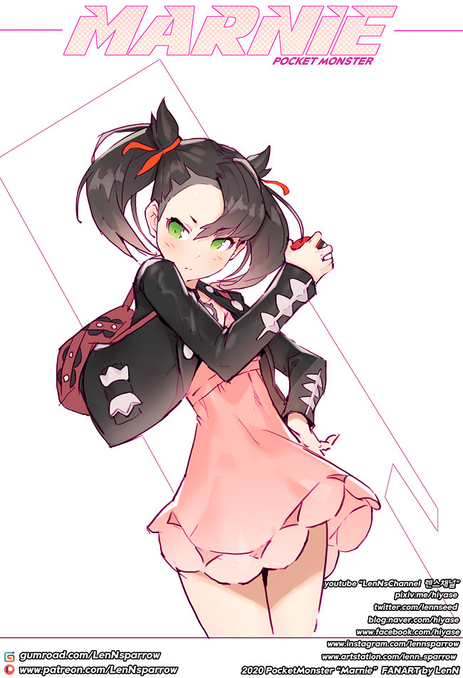 1girl, artist_name, bag, bangs, black_hair, black_jacket, character_name, closed_mouth, dress, green_eyes, holding, holding_poke_ball, jacket, lenn_sparrow, long_hair, long_sleeves, looking_at_viewer, marnie_(pokemon), pink_dress, poke_ball, pokemon, pokemon_(game), pokemon_swsh, shoulder_bag, solo, twintails, white_background
