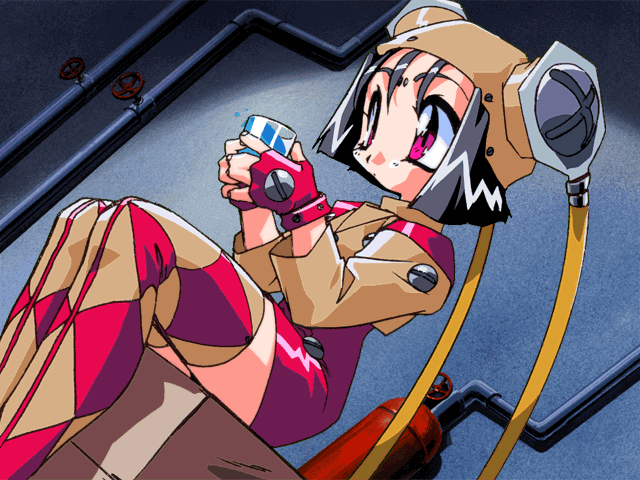 1990s_(style), 1girl, argyle_thighhighs, black_hair, cup, dutch_angle, feet_out_of_frame, fingerless_gloves