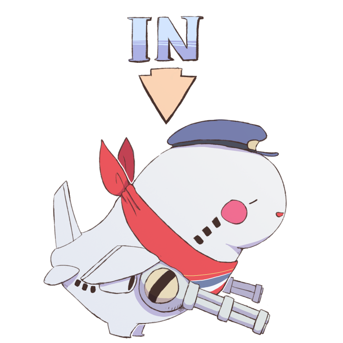 1other, aircraft, airplane, arrow_(symbol), bandana, blue_headwear, blush_stickers, boke-chan, closed_eyes, commentary_request, english_text, from_side, full_body, gatling_gun, happy, hat, metal_slug, open_mouth, osaka_international_airport, other_focus, peaked_cap, profile, red_bandana, simple_background, smile, solo, sorayan, standing, white_background