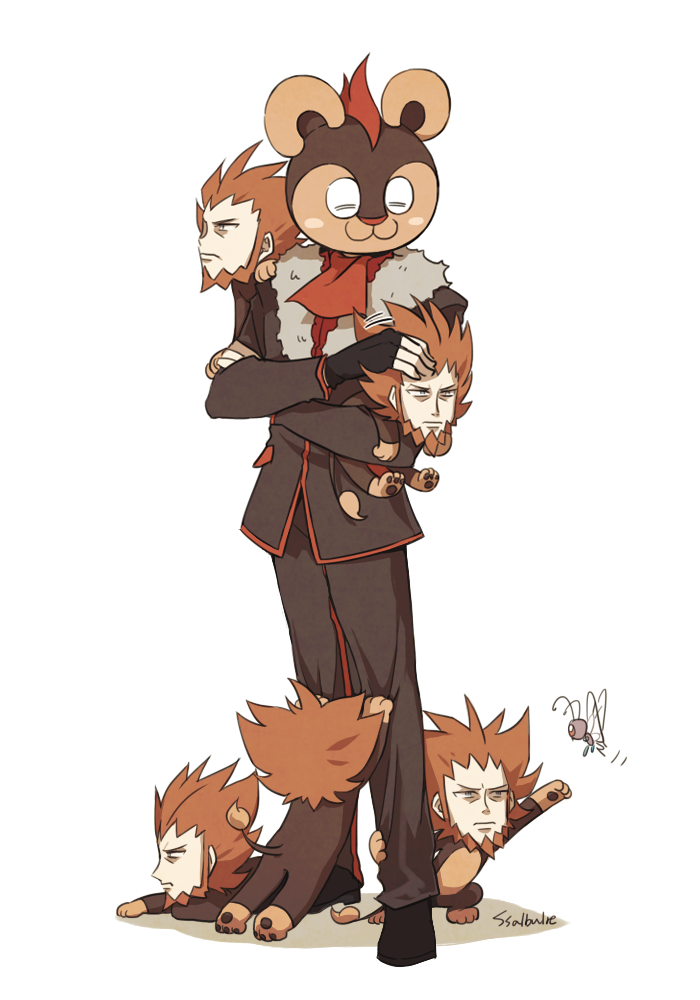 1boy, beard, black_footwear, black_gloves, brown_jacket, brown_pants, butterfree, commentary