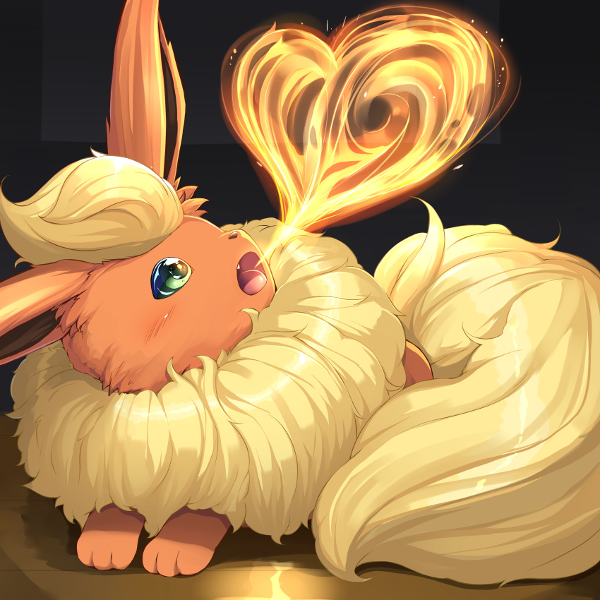 absurdres, breathing_fire, commentary_request, fire, flaming_hearts, flareon, fluffy, full_body, green_eyes, heart, highres, kitsunerider, no_humans, pokemon, pokemon_(creature), solo