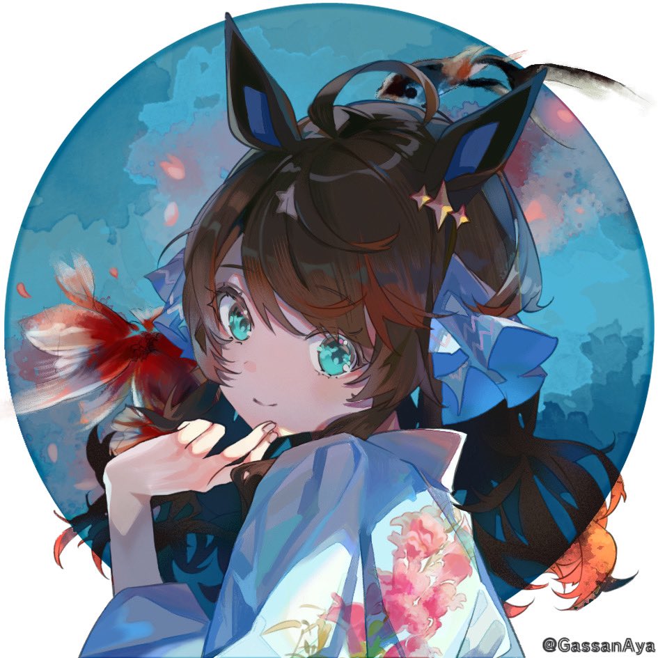 1girl, ahoge, animal_ears, bangs, blue_kimono, brown_hair, cherry_blossoms, closed_mouth