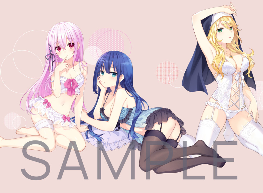 bandaged_leg, bandages, bangs, black_ribbon, blue_babydoll, dark_blue_hair, engage_kiss, garter_straps