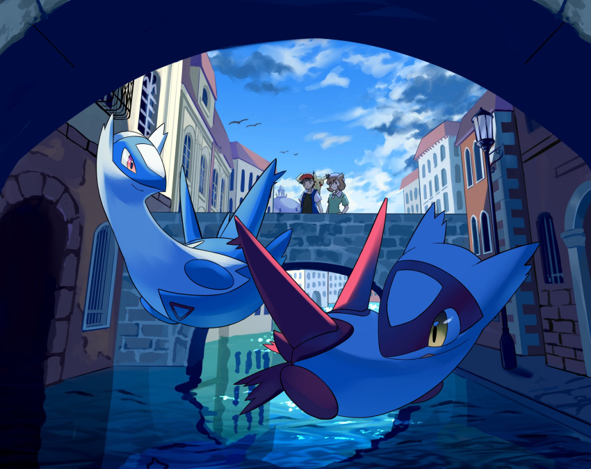 1boy, 1girl, ash_ketchum, bianca_(pokemon), bird, black_shirt, bridge, brown_hair