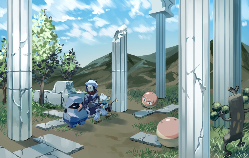 1girl, akari_(pokemon), black_hair, brown_footwear, clouds, commentary_request, crack, day