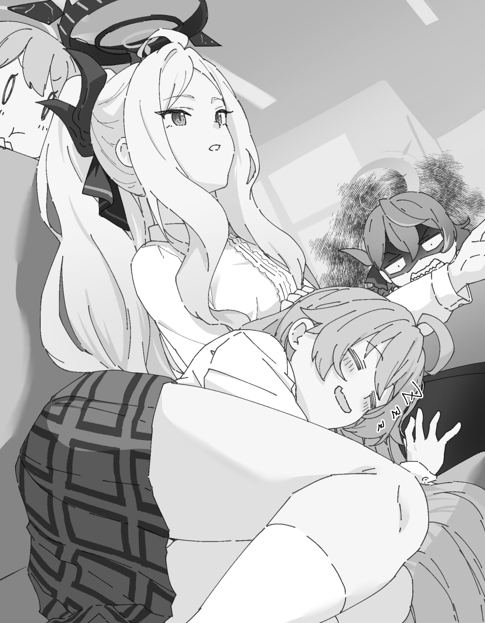 4girls, :t, =_=, ahoge, ako_(blue_archive), ataru_(cha2batake), bangs, blue_archive