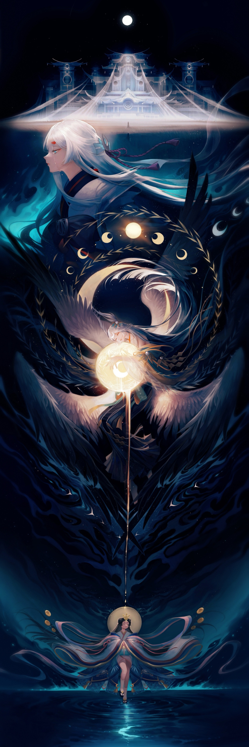 absurdly_long_hair, absurdres, aqua_eyes, architecture, barefoot, black_hair, blue_fire, castle