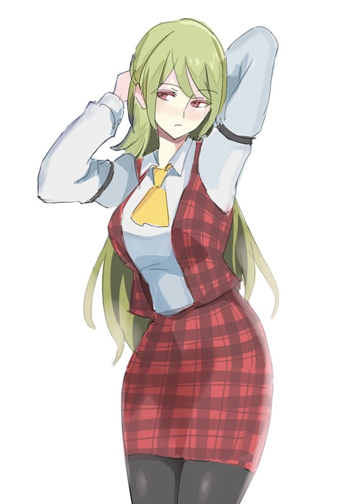 1girl, alternate_costume, ascot, breasts, green_hair, hands_in_hair, kazami_yuuka, large_breasts