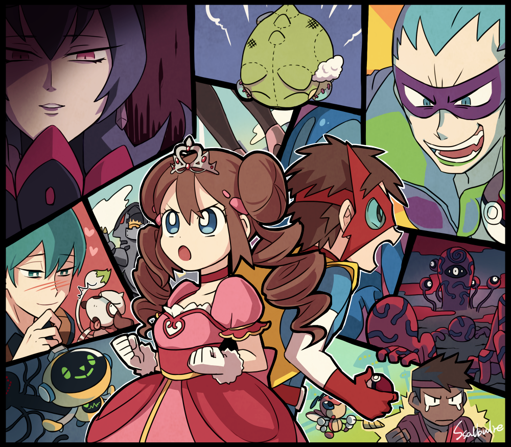 2girls, 4boys, ace_trainer_(pokemon), bangs, bellelba_(pokemon), black_belt_(pokemon), blue_eyes, blush