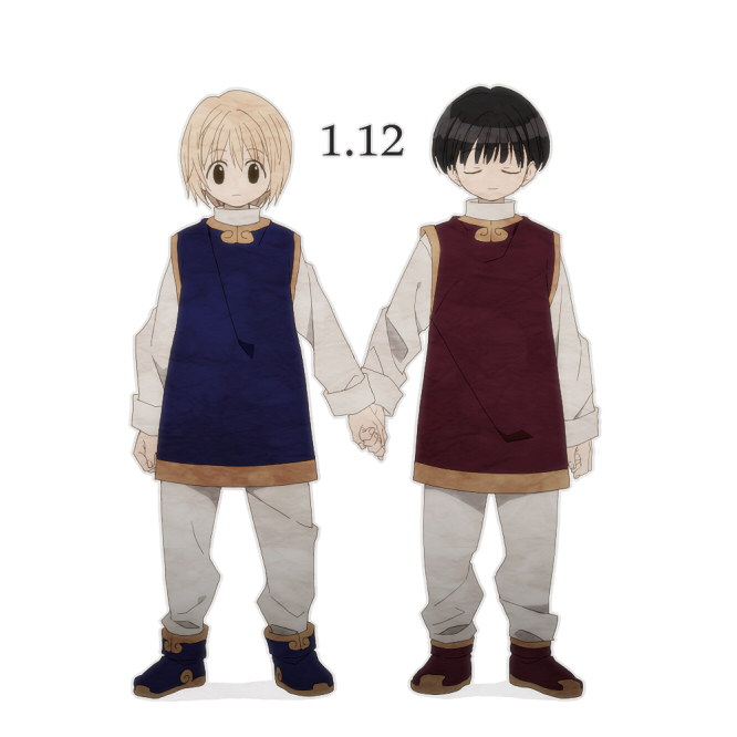 16_ban, 2boys, ankle_boots, arms_at_sides, bangs, black_hair, blonde_hair, blue_footwear