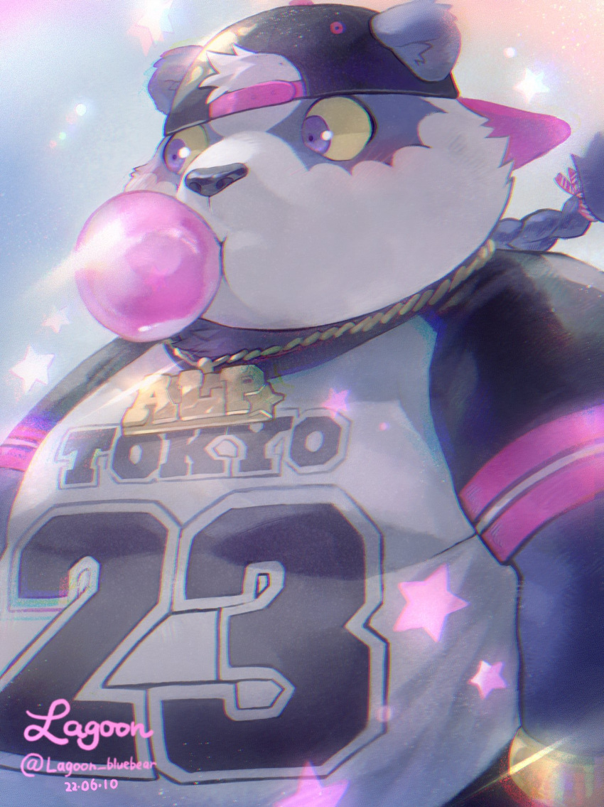 1boy, alp_(housamo), animal_ears, artist_name, backwards_hat, bangle, blush, bracelet