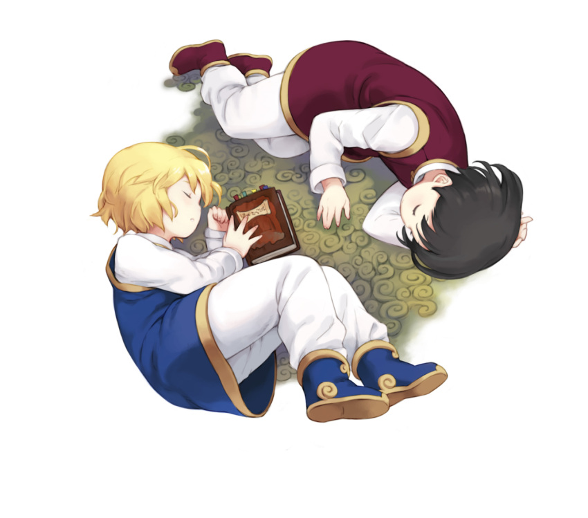 2boys, ankle_boots, arm_pillow, bangs, blonde_hair, blue_footwear, blue_tunic, book
