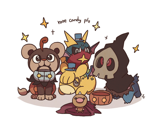 blue_headwear, bowl, bright_pupils, brown_eyes, closed_mouth, commentary, cosplay, deino_(pokemon), duskull, duskull_(cosplay), hat, hatted_pokemon, litleo, mouth_hold, pokemon, red_eyes, sitting, smile, sparkle, ssalbulre, top_hat, weedle, white_background