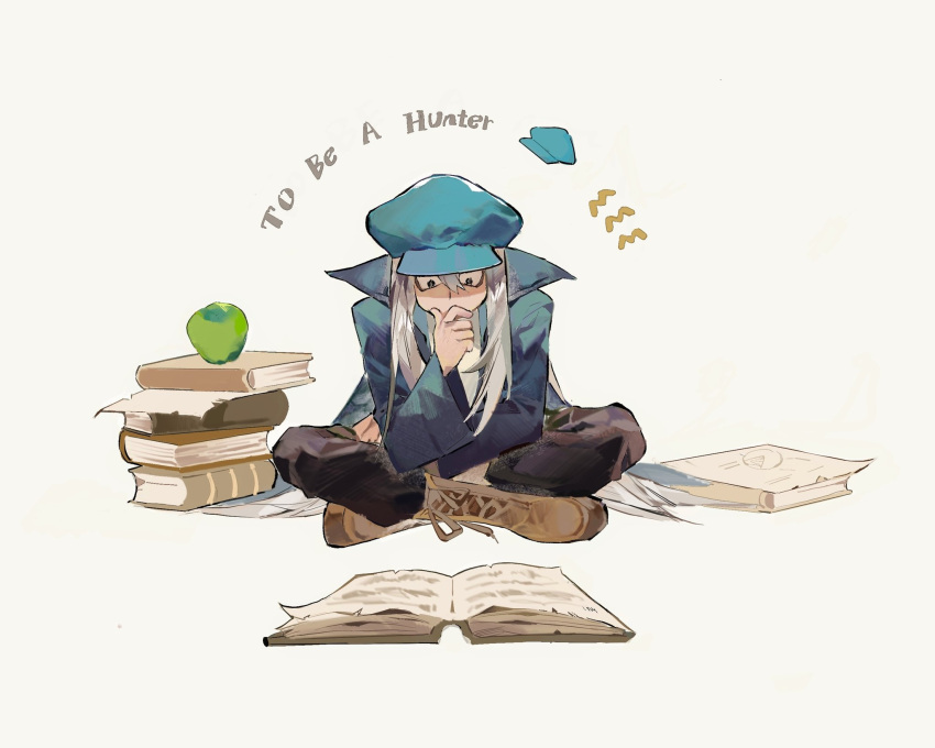 1boy, apple, aso54100857, black_pants, blue_coat, blue_headwear, book, book_stack