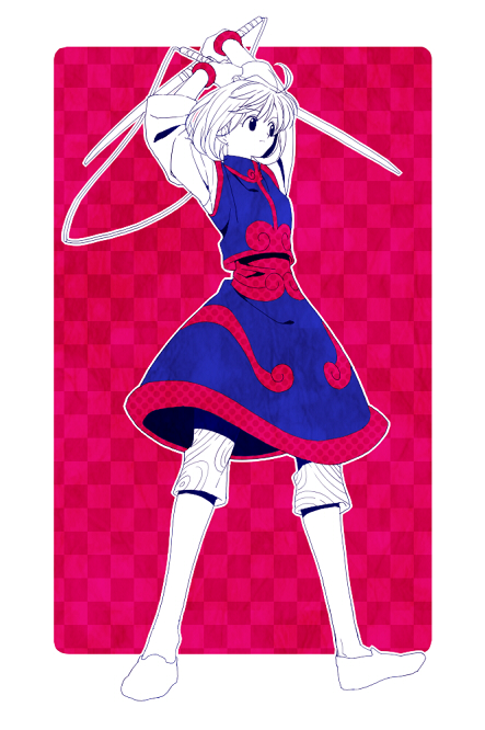 16_ban, 1girl, arms_up, bangs, blue_skirt, blue_tunic, bob_cut, checkered_background
