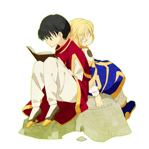 16_ban, 2boys, ankle_boots, back-to-back, bangs, black_hair, blonde_hair, blue_capelet