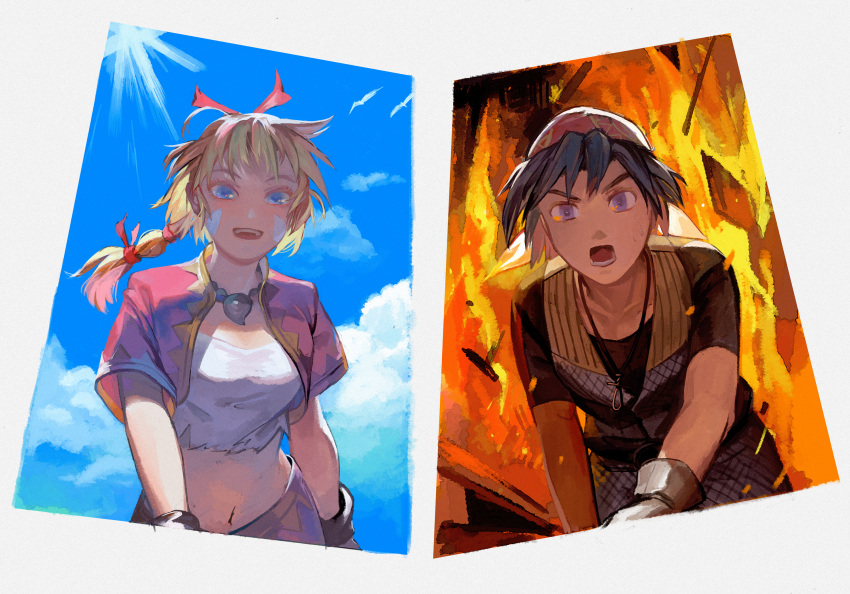 1boy, 1girl, armor, bandana, bangs, bead_necklace, beads, bird