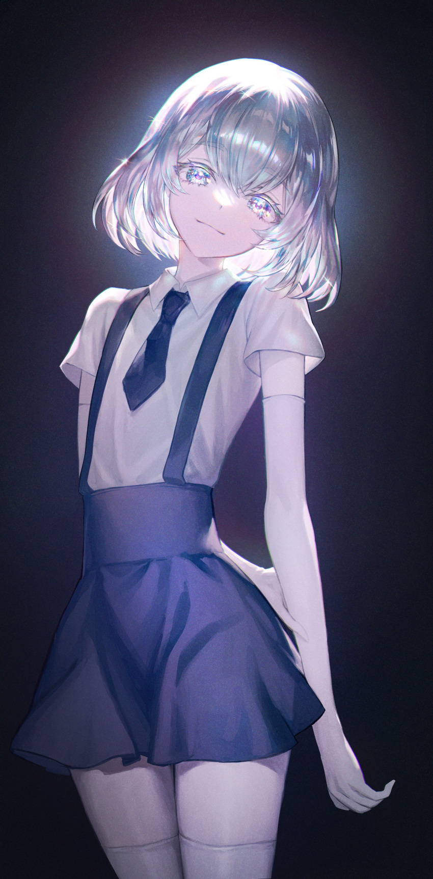 1other, absurdres, arm_behind_back, bangs, black_background, black_necktie, black_skirt, closed_mouth